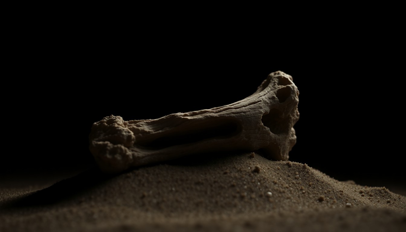An extreme close-up photograph of a single weathered bone fragment partially buried in sand, conceptually illustrating the discovery of human remains after many years.