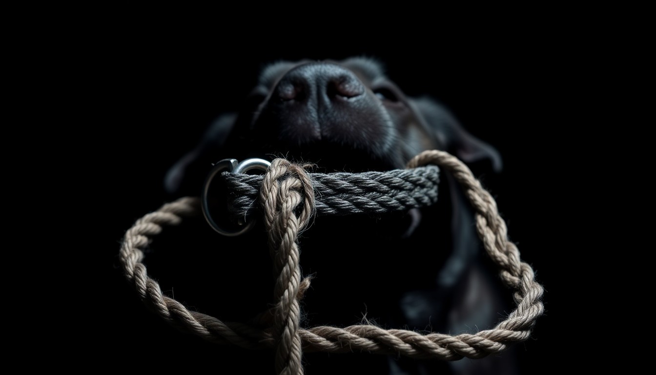 An extreme close-up photograph of a torn dog collar and frayed leash against a pitch-black background, conveying a sense of danger and violence.