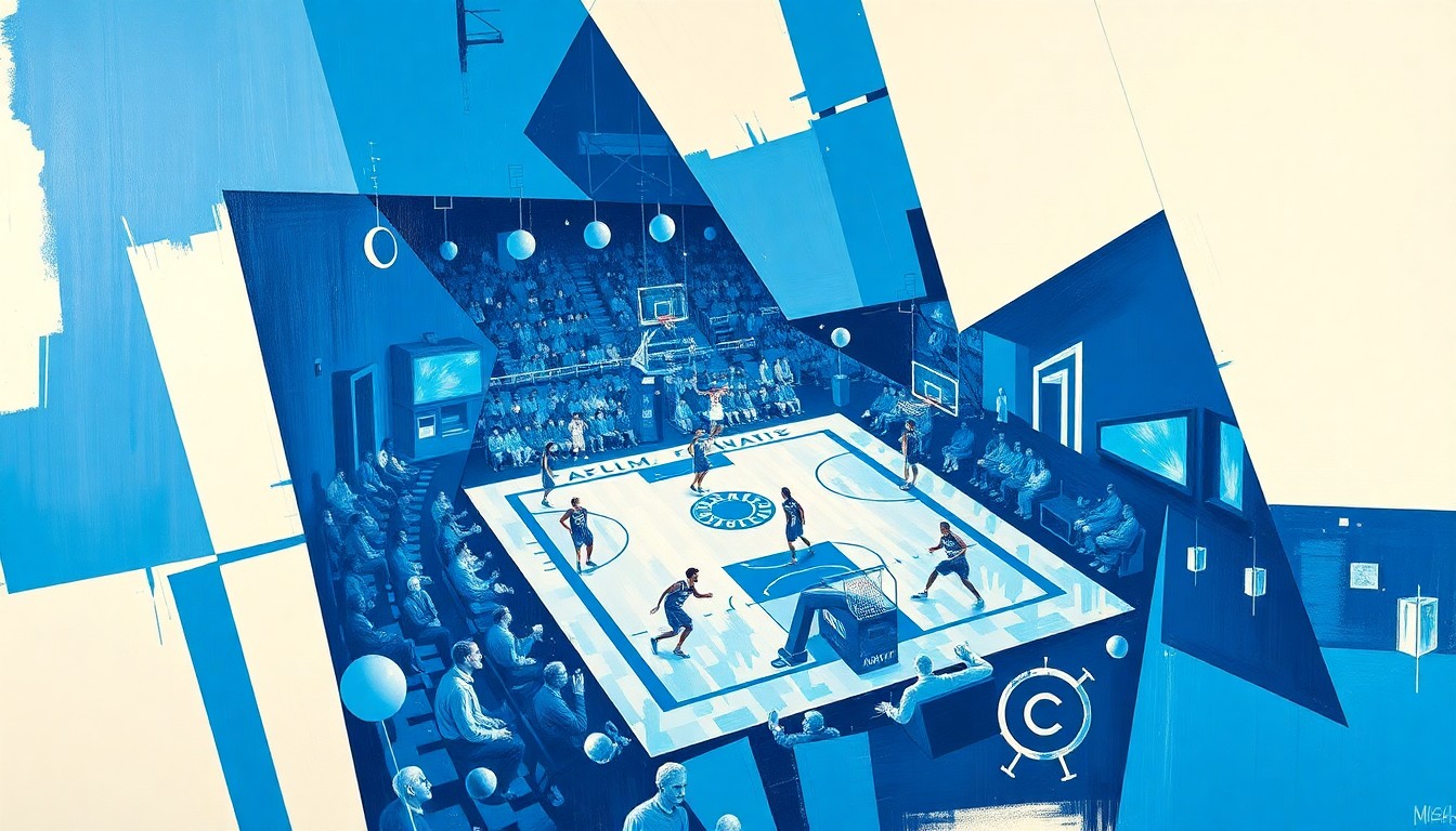 A cubist-style painting depicting a basketball game broken down into sharp, overlapping geometric shapes in shades of blue and white, representing the uncertainty surrounding a top recruit's future with the University of North Carolina.