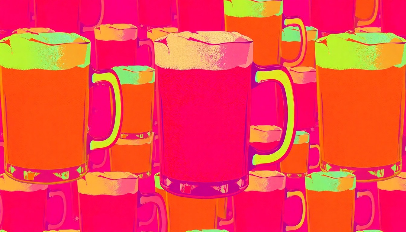 A brightly colored, high-contrast silkscreen print of a single, iconic beer glass or mug repeated in a tight grid pattern, conceptually representing the closing of the iconic Fat Head's Saloon in Pittsburgh.