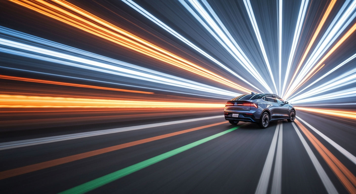 An abstract, blurred image of a GM electric vehicle in motion, with vibrant streaks of color and light conveying the speed and modern engineering of electric transportation.