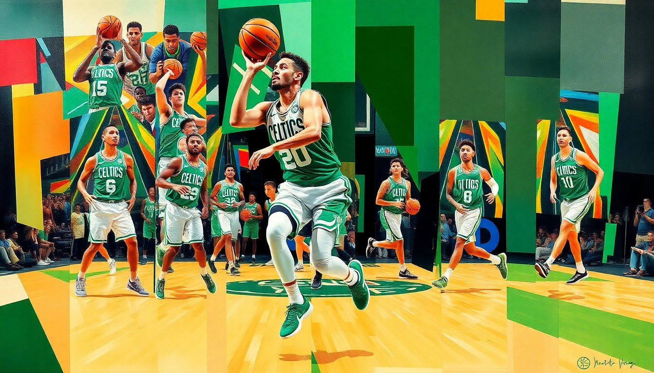 A cubist, geometric painting depicting the dynamic movements and plays of basketball player Jayson Tatum in the Celtics' green and white uniform colors, capturing the energy and skill of his on-court performance.