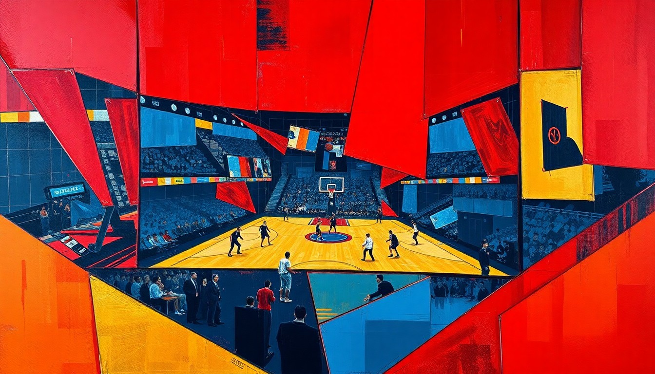 A fragmented, cubist-style painting depicting overlapping geometric shapes and planes in shades of crimson, navy, and gold, representing the dynamic action and energy of Alabama's top athletes across multiple sports.