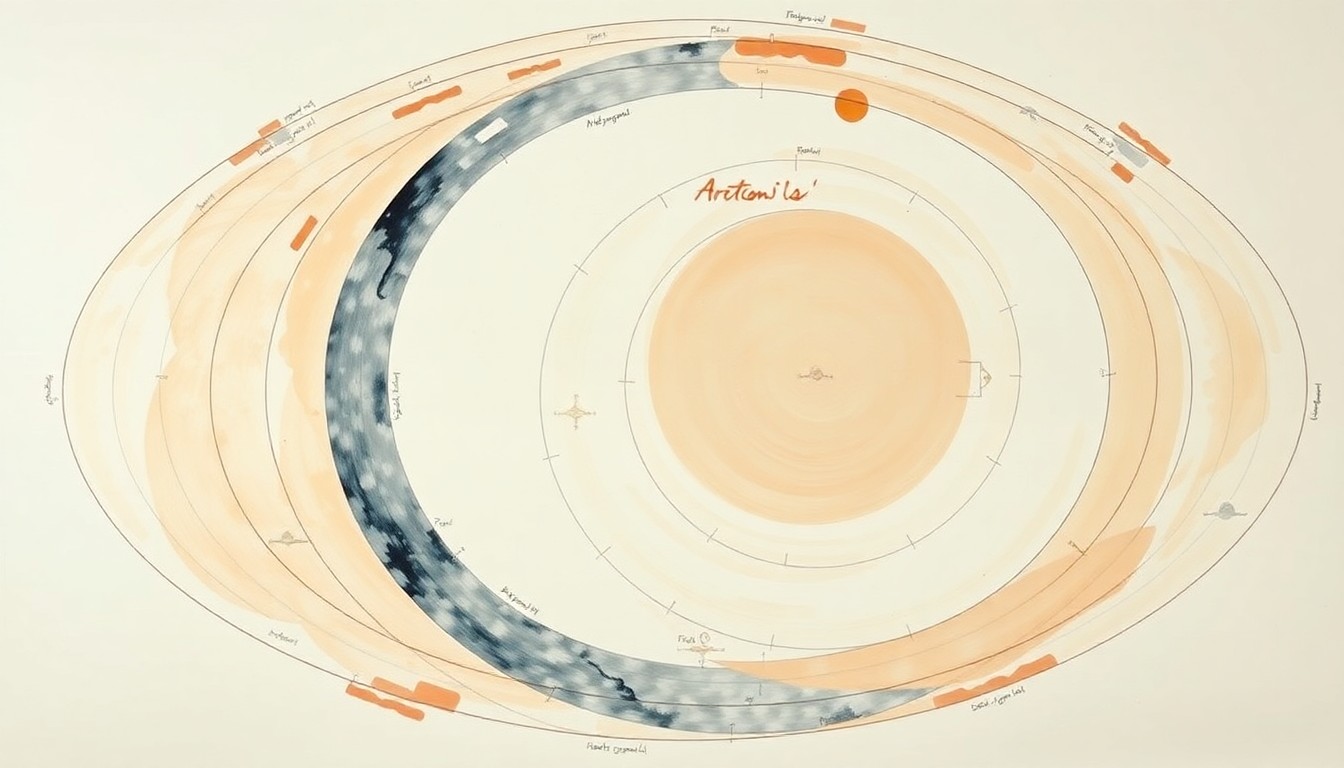A bold, abstract painting featuring sweeping geometric arcs, concentric planetary circles, and precise intersecting waveforms in soft, flat colors against a clean background, conceptually representing the intricate scientific principles guiding the Artemis II mission to the moon.