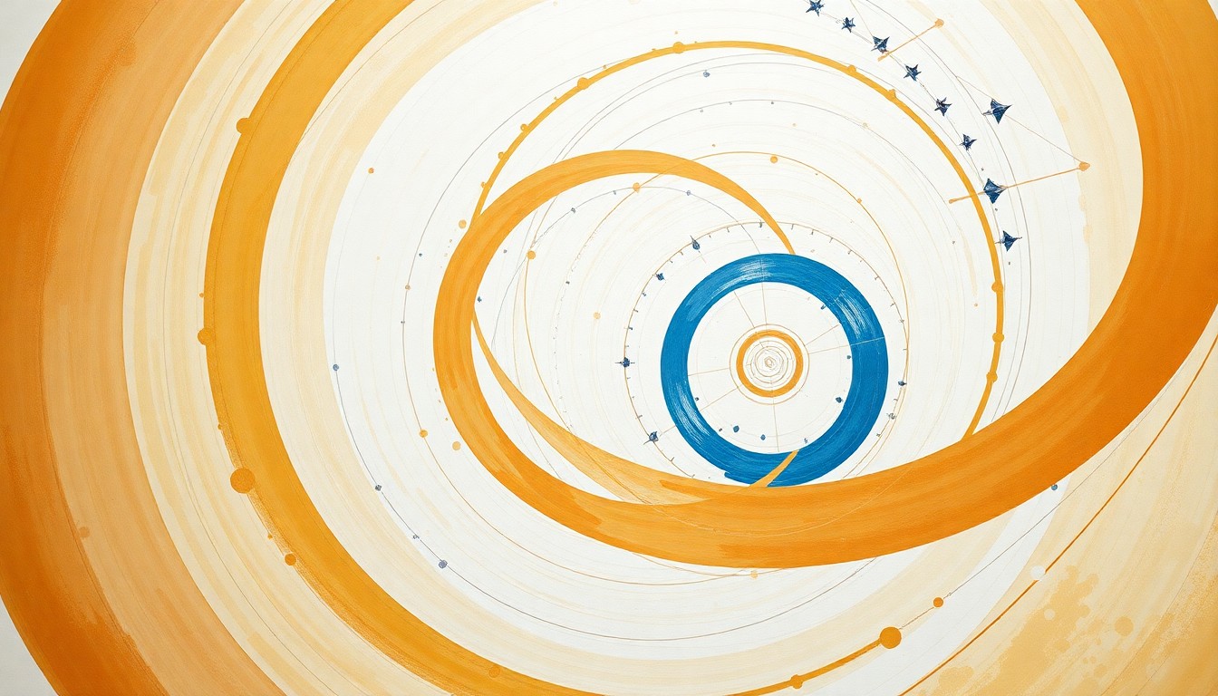 A highly textured, abstract painting in earthy tones of ochre, sienna, and cerulean blue, featuring sweeping geometric arcs, concentric planetary circles, and precise botanical spirals, conceptually representing the scientific complexity and structural order of the Artemis II mission to the Moon.