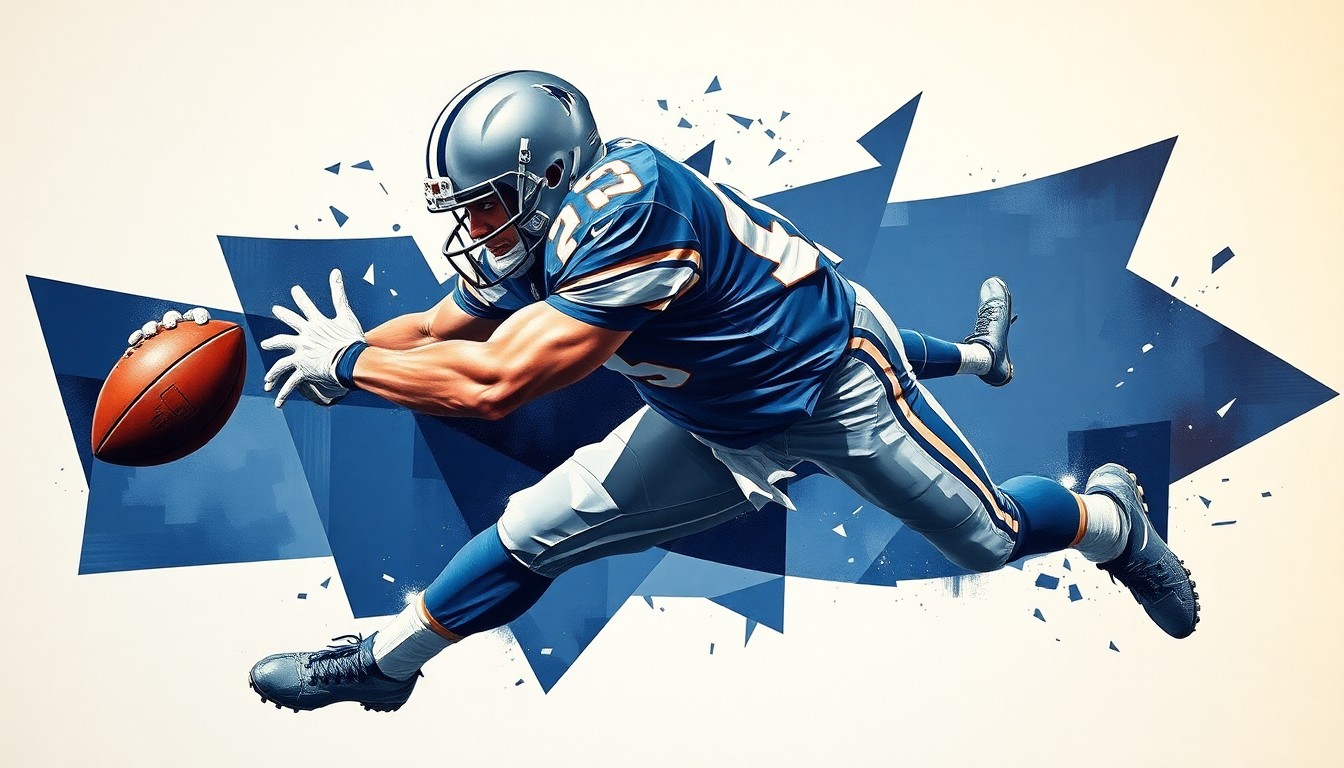 A fragmented, geometric painting depicting the forceful movements of a football safety making a tackle, with sharp planes of navy blue, silver, and white.