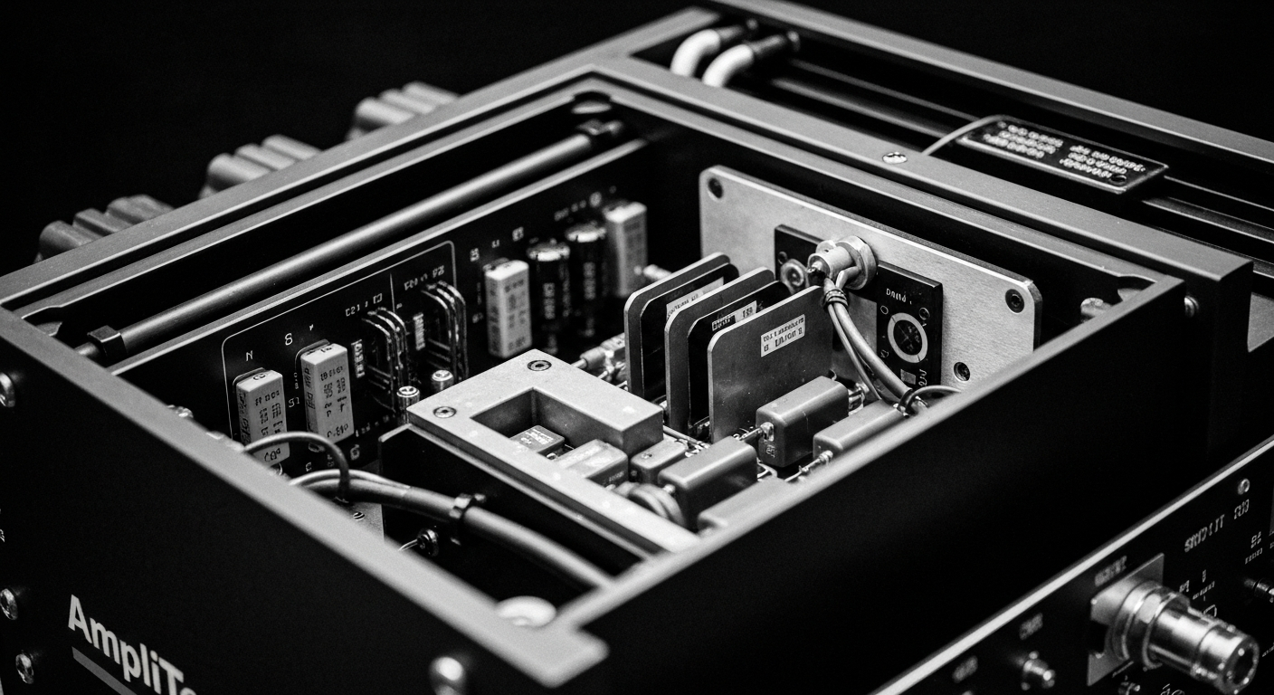 A high-contrast, black and white close-up image of the internal mechanics and circuitry of an industrial RF amplifier, conveying the complex, technical nature of AmpliTech's specialized products.