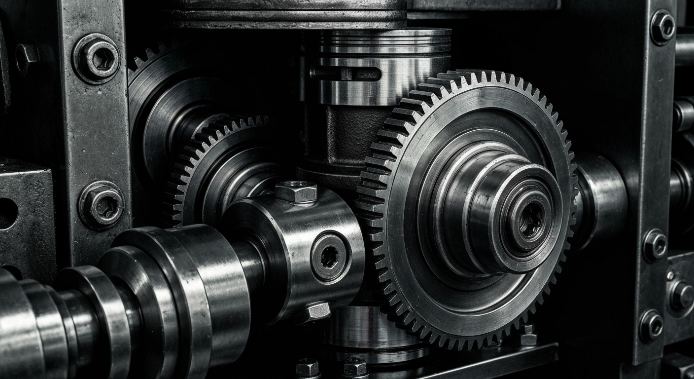 A highly detailed, cinematic close-up of the gears, pistons, and metallic components of an industrial welding machine, conveying a sense of power, precision, and the inner workings of the machinery that drives the industrial economy.