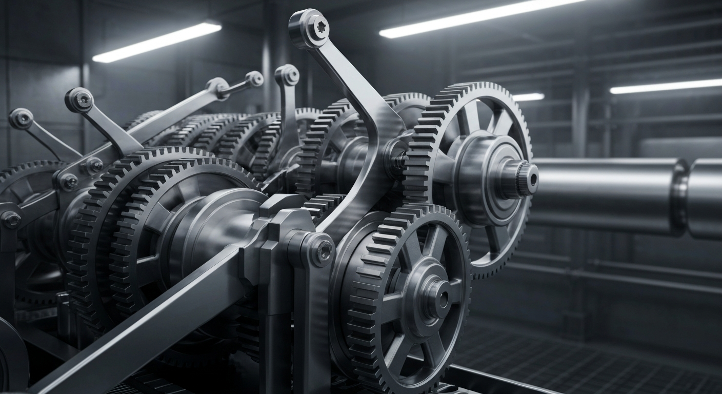 An extreme close-up of shiny, interlocking metal gears and levers in a dimly lit industrial setting, conceptually representing the complex financial infrastructure and machinery behind a major stock price forecast.