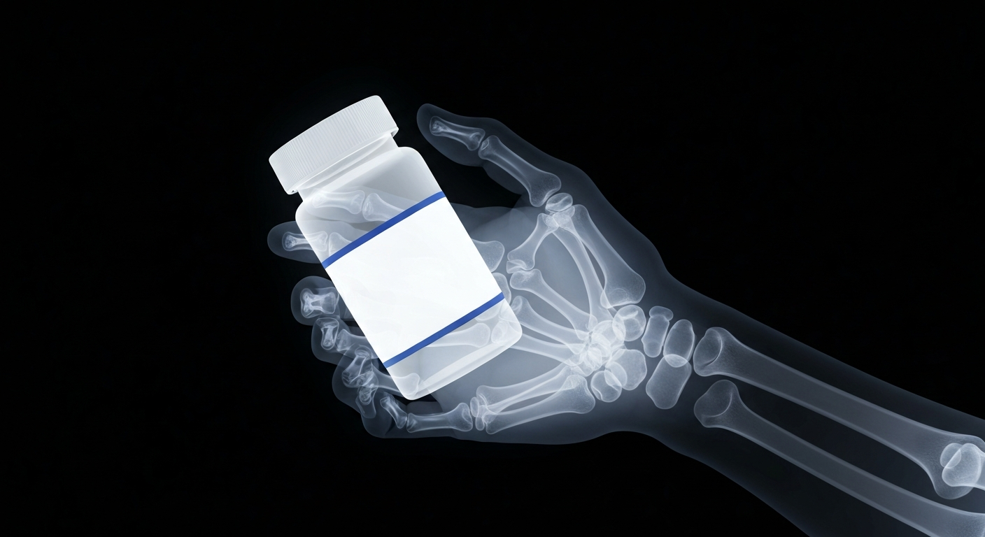 A ghostly, translucent X-ray image revealing the internal structure of a human hand holding a prescription bottle, conceptually illustrating Doctronic's AI-driven healthcare technology.