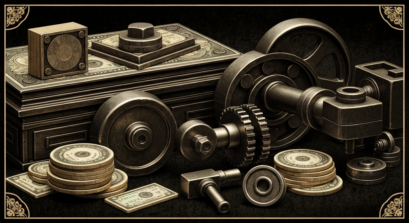 An extreme close-up of heavy, industrial machinery and equipment, conveying a sense of financial security and institutional banking without using literal currency or charts.