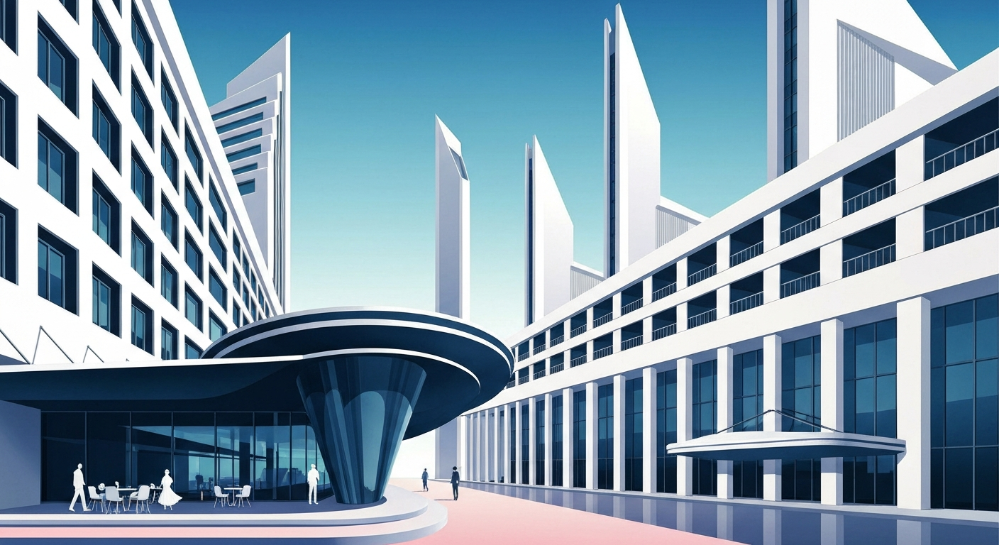 A highly stylized, geometric illustration depicting the grand, sweeping architecture of the Compass Hotel by Margaritaville, with bold gradients of color and a sense of monumental scale, capturing the hotel's romantic and luxurious spirit as a top new travel destination.