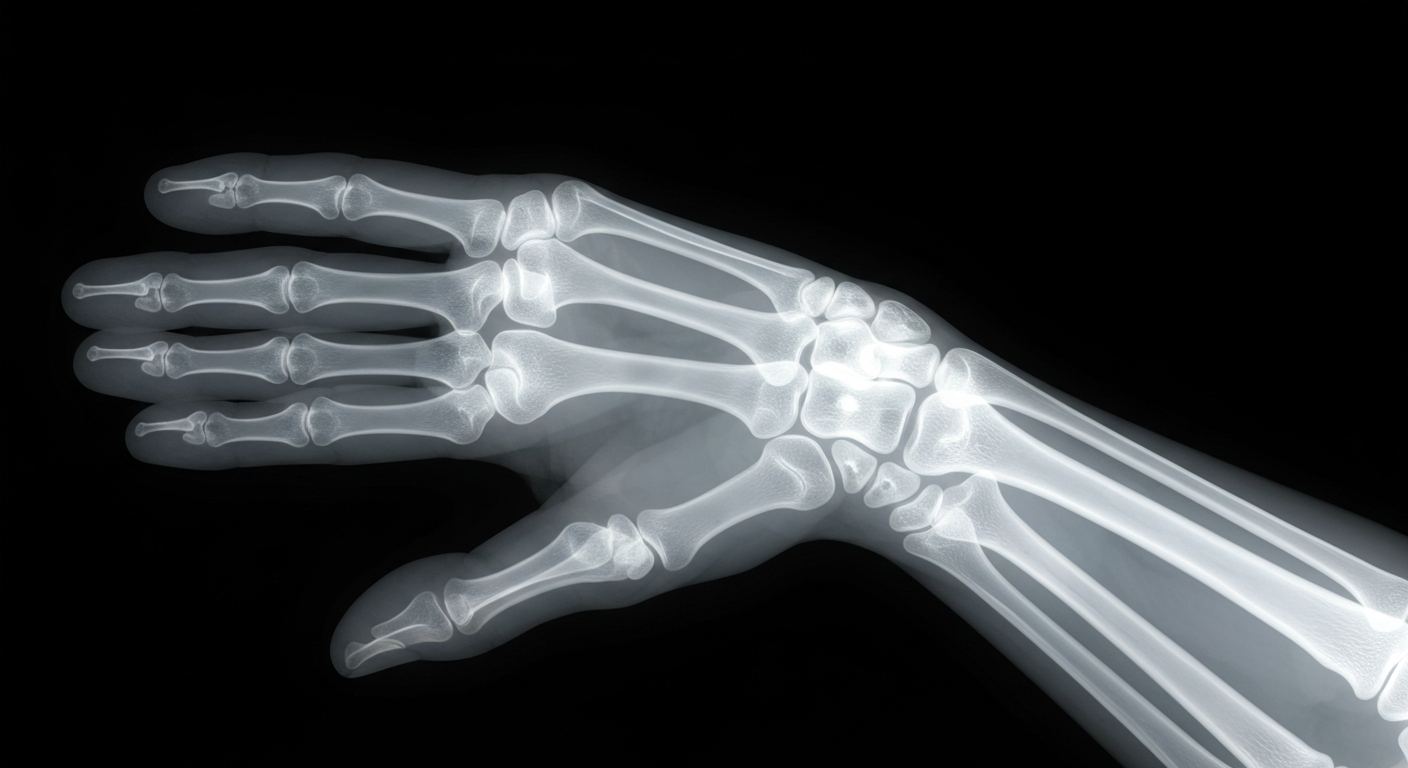 A translucent X-ray photograph showing the delicate bone structure and intricate veins of an elderly person's hand, conveying the fragility and resilience of the aging body.