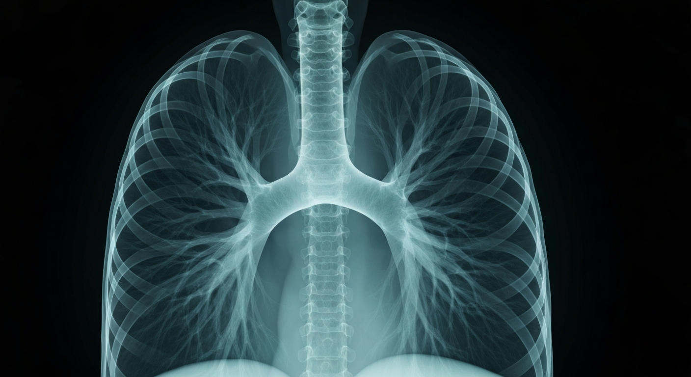 A translucent X-ray photograph showing the intricate internal structure of a human lung, glowing with a faint blue-green hue against a dark background, conceptually representing the delicate nature of pulmonary health.