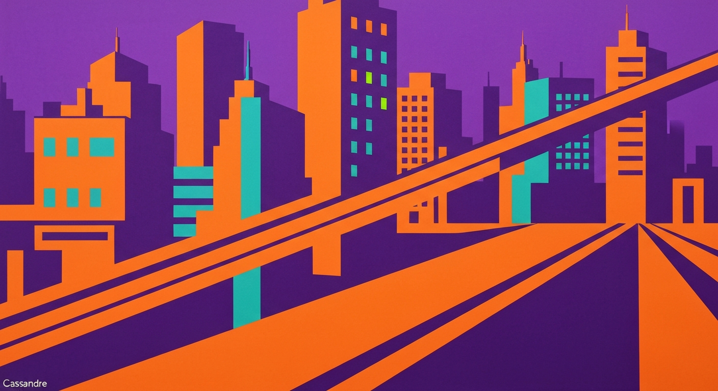 An abstract, geometric illustration in bold, vibrant colors depicting the grand, sweeping architecture of a hotel lobby, with a towering archway and minimal human figures, conveying the sense of scale and romance of travel.