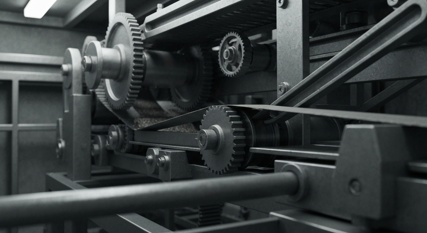 A highly detailed, black-and-white close-up image of the inner workings of a large, industrial snack food production machine, with gears, conveyor belts, and other heavy machinery, conceptually representing the challenges facing the company in the current economic environment.