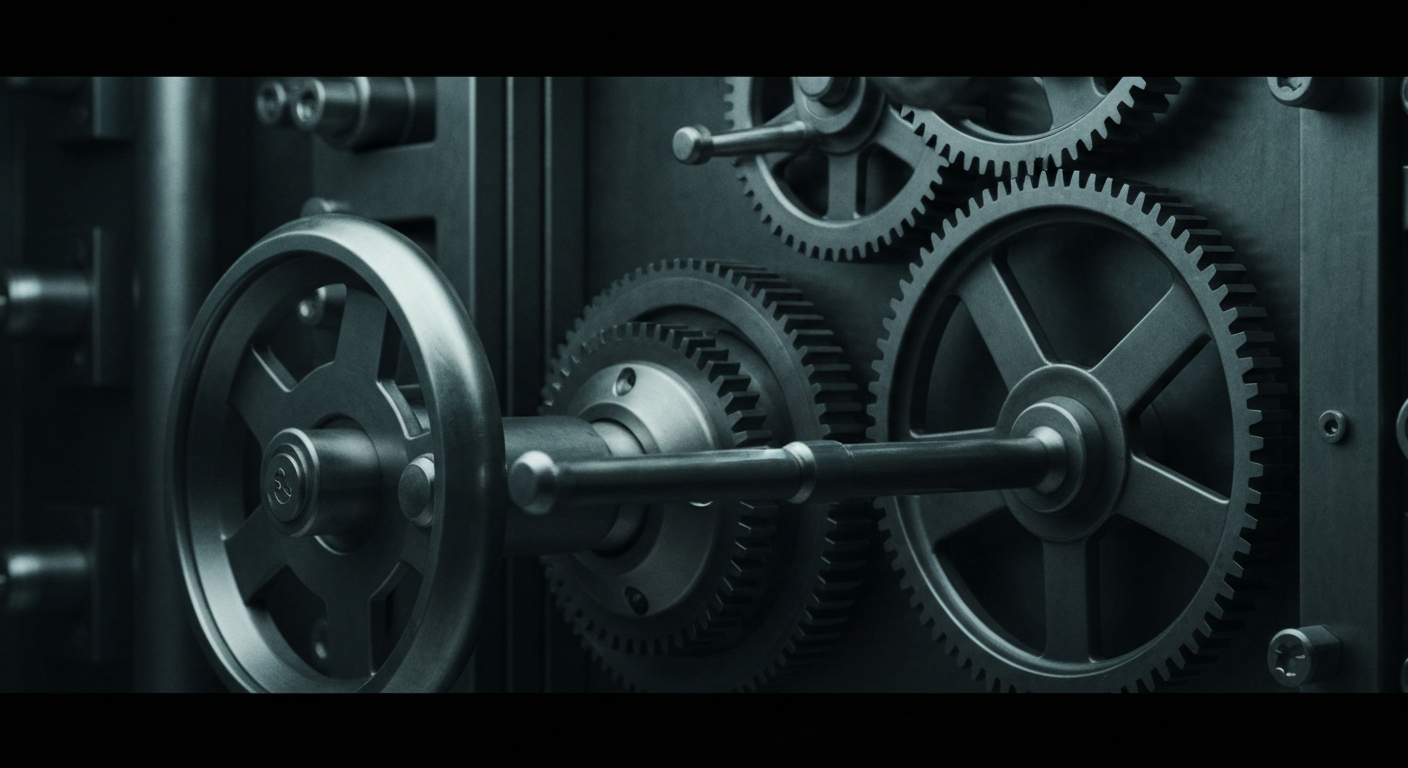 An extreme close-up of the intricate gears, levers, and mechanisms inside a bank vault, conveying the robust financial infrastructure and institutional wealth that underpins Bath & Body Works' operations.