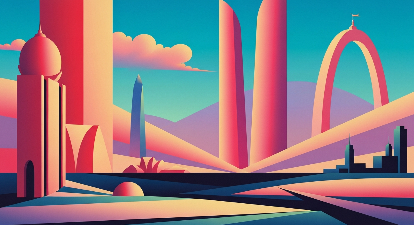 A highly stylized, geometric illustration featuring sweeping, airbrushed gradients in shades of blue, orange, and gray. The composition depicts a towering, streamlined airport terminal with a dramatic forced perspective, capturing the grand scale and modern aesthetic of contemporary air travel.