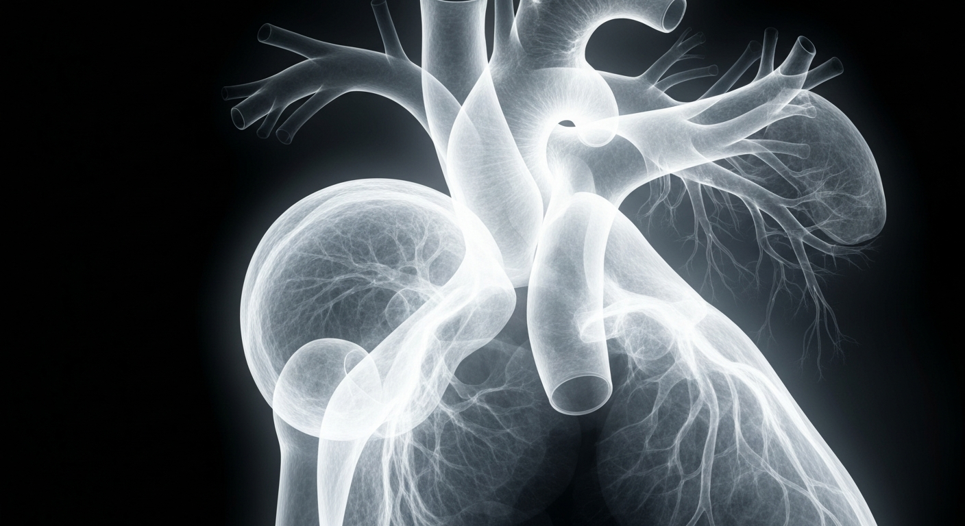 A ghostly, translucent X-ray photograph revealing the intricate internal structure of a human heart with a chronically occluded coronary artery, conceptually illustrating the potential benefits of reopening the blocked vessel.