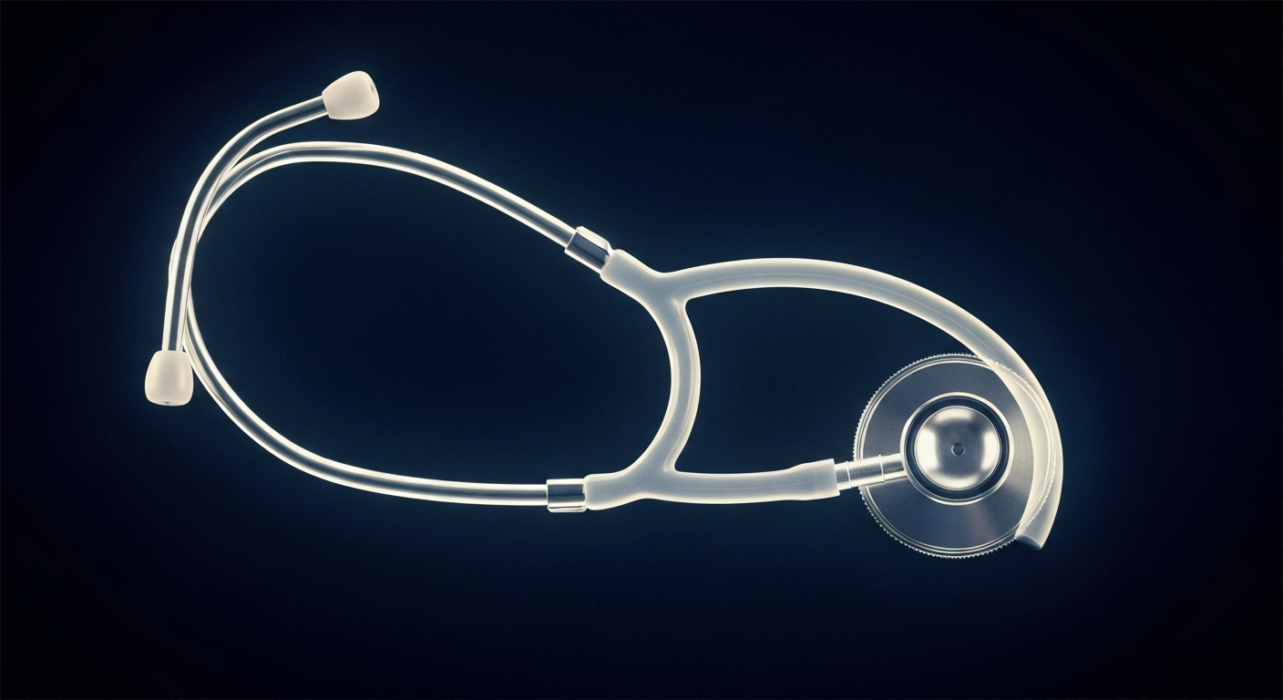 A translucent X-ray photograph of a stethoscope, its internal components visible as glowing lines against a dark background, conceptually representing the Joint Commission's focus on data-driven quality improvements in healthcare.