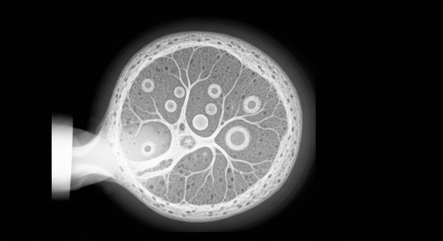 A highly detailed, ghostly X-ray image revealing the intricate structures of inflamed skin cells, conceptually representing the clinical data on Tralokinumab's effectiveness in treating atopic dermatitis.