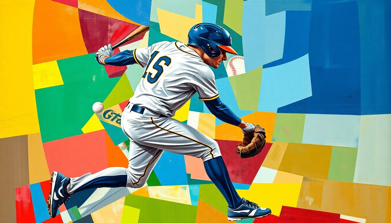 A fragmented, geometric painting depicting the dynamic motion of a baseball player, with sharp planes of color representing the uniforms of the Brewers and Giants teams.