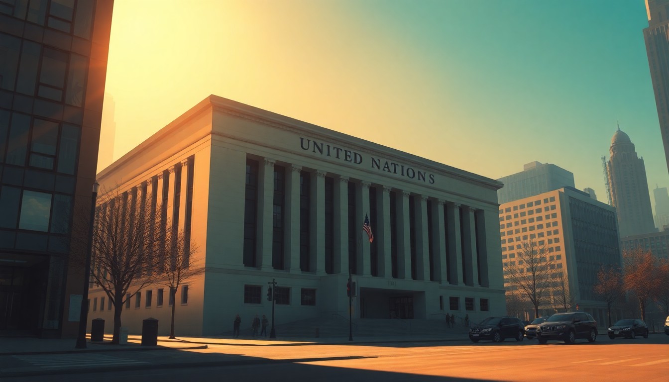 A photorealistic painting of the exterior of the United Nations headquarters building in New York City, with the iconic glass and steel structure bathed in warm, golden sunlight and deep shadows, conveying a sense of quiet contemplation and the gravity of the international body's discussions.