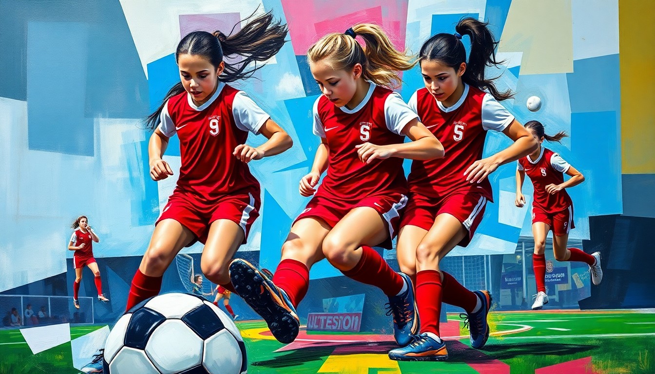 A fractured, multi-perspective painting in bold, vibrant colors depicting the dynamic action of a high school girls soccer match, with the players and ball broken down into sharp, overlapping geometric shapes.