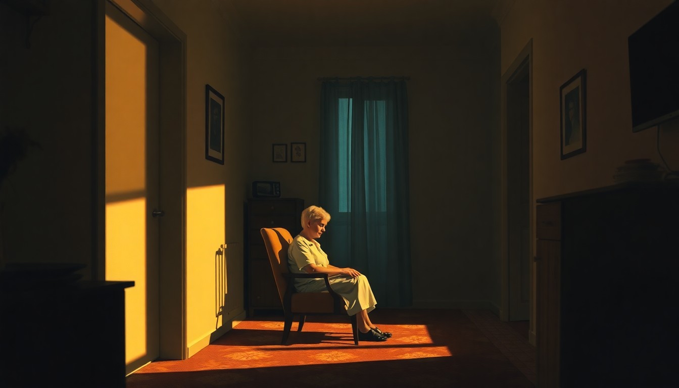 A dimly lit apartment scene with a single home care worker sitting alone, the room bathed in warm, cinematic lighting and deep shadows, conveying a sense of isolation and exhaustion.