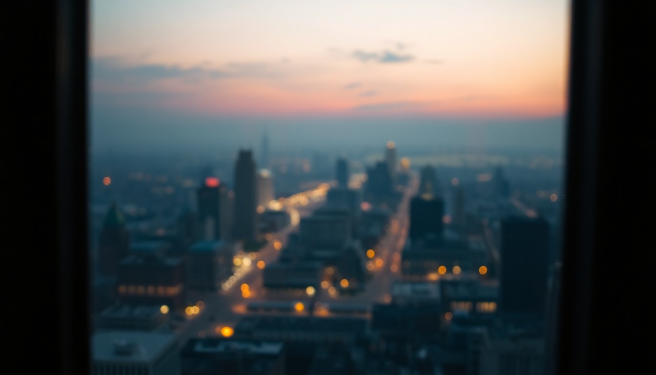 An abstract, out-of-focus photograph in warm, hazy tones, depicting the view from a high-rise window overlooking the twinkling lights of the Detroit skyline at dusk, creating a dreamlike, atmospheric scene.