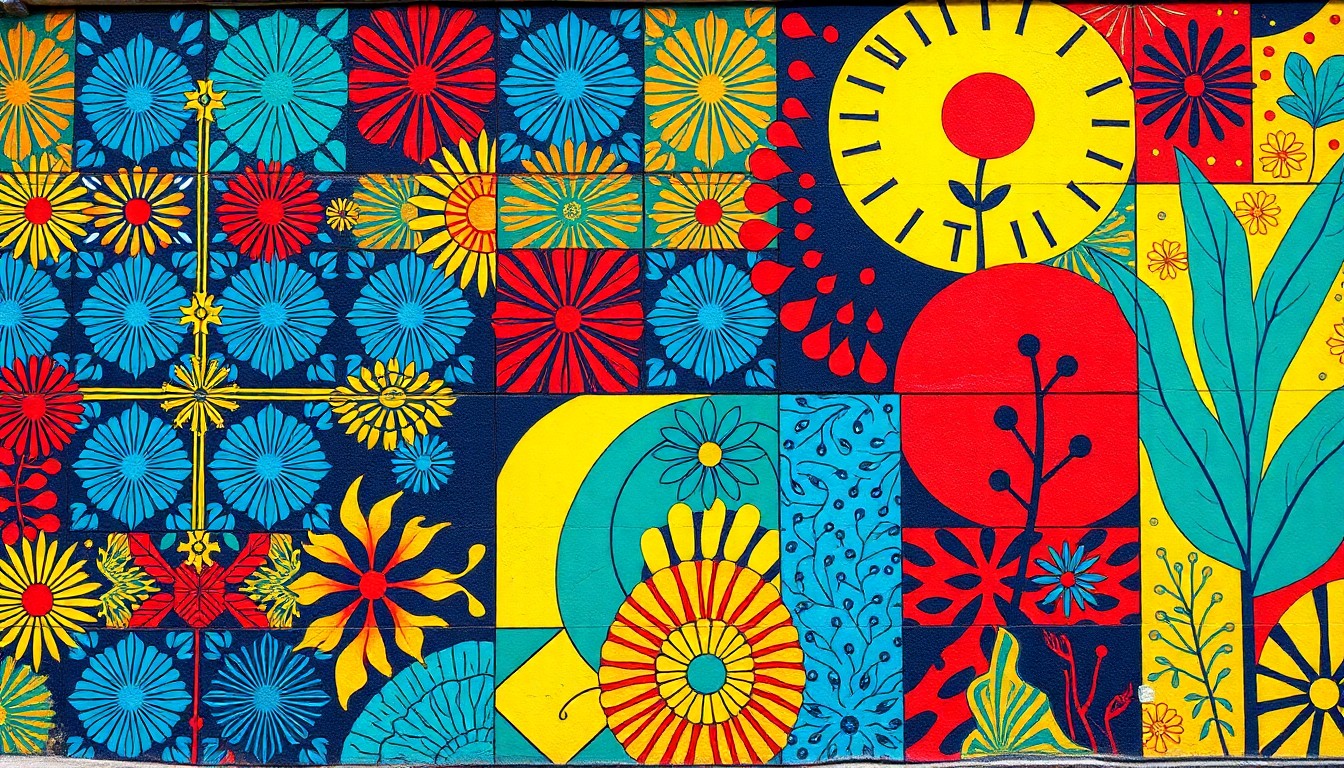 A highly stylized, silkscreen-inspired illustration featuring a repeating grid of bold, abstract shapes and patterns in a vibrant color palette, capturing the celebratory and collaborative nature of a community art project.