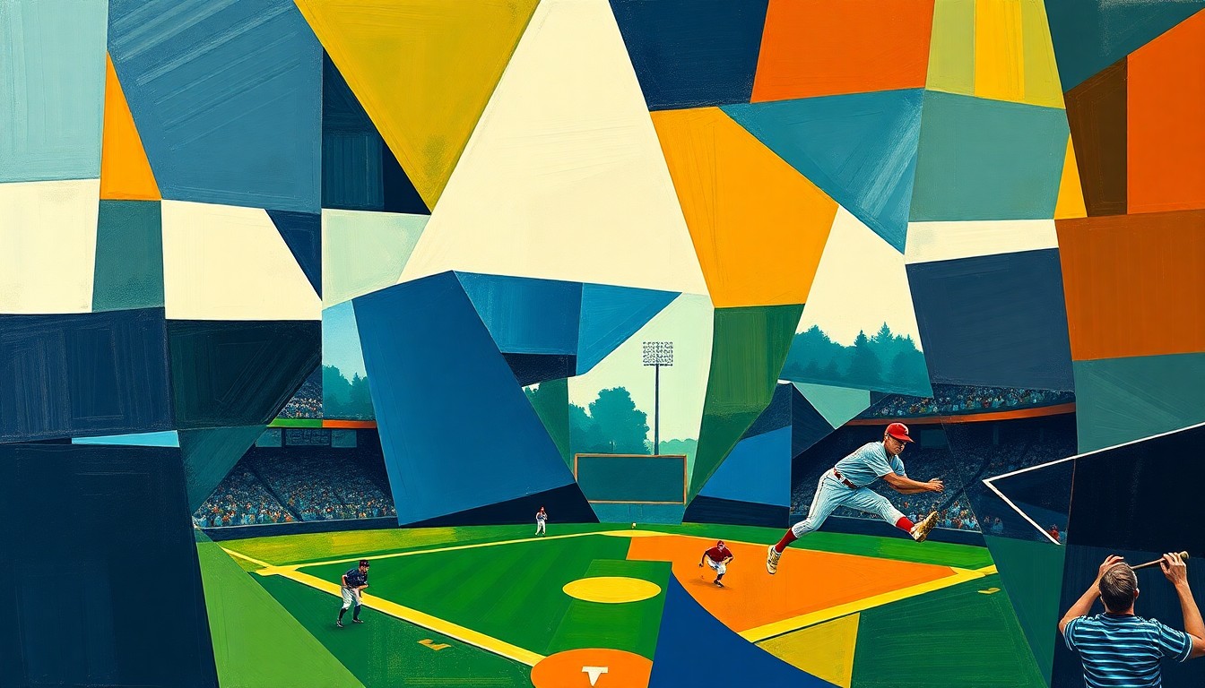 A cubist-style painting depicting a high school baseball game broken down into overlapping geometric shapes and planes in navy, green, and orange tones, conveying the dynamic energy and competitive spirit of the sport.
