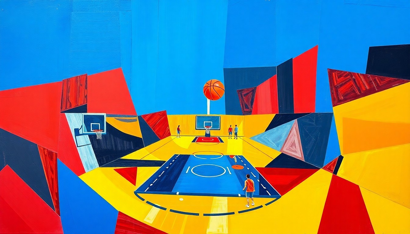 A fragmented, geometric painting in bold primary colors, depicting the action and energy of a basketball game through Picasso's signature cubist style.