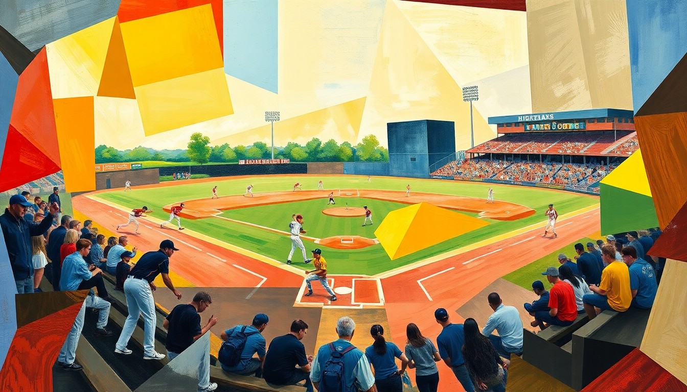 An abstract, geometric painting depicting a high school baseball game broken down into overlapping planes of color and shape, capturing the energy and movement of the players on the field.