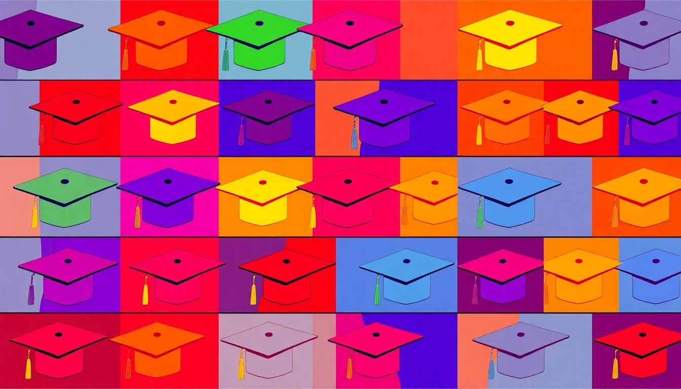 A bold, colorful silkscreen-style illustration featuring a repeating pattern of a graduation cap icon in vibrant neon shades, conceptually representing the community-driven search for SFCC's next president.