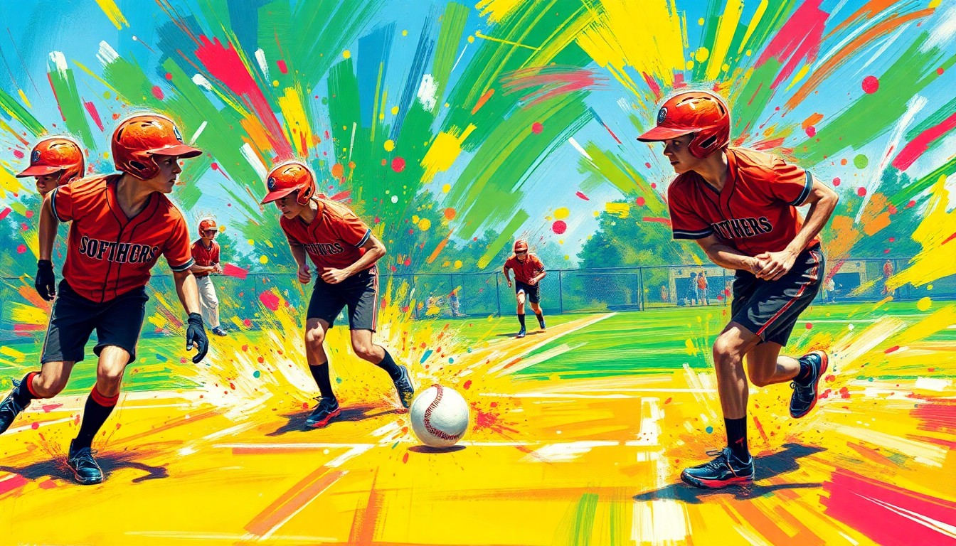 An abstract, expressionist painting in vibrant neon colors, capturing the dynamic energy and competitive spirit of a high school softball game through sweeping brushstrokes and fragmented, dissolving figures.