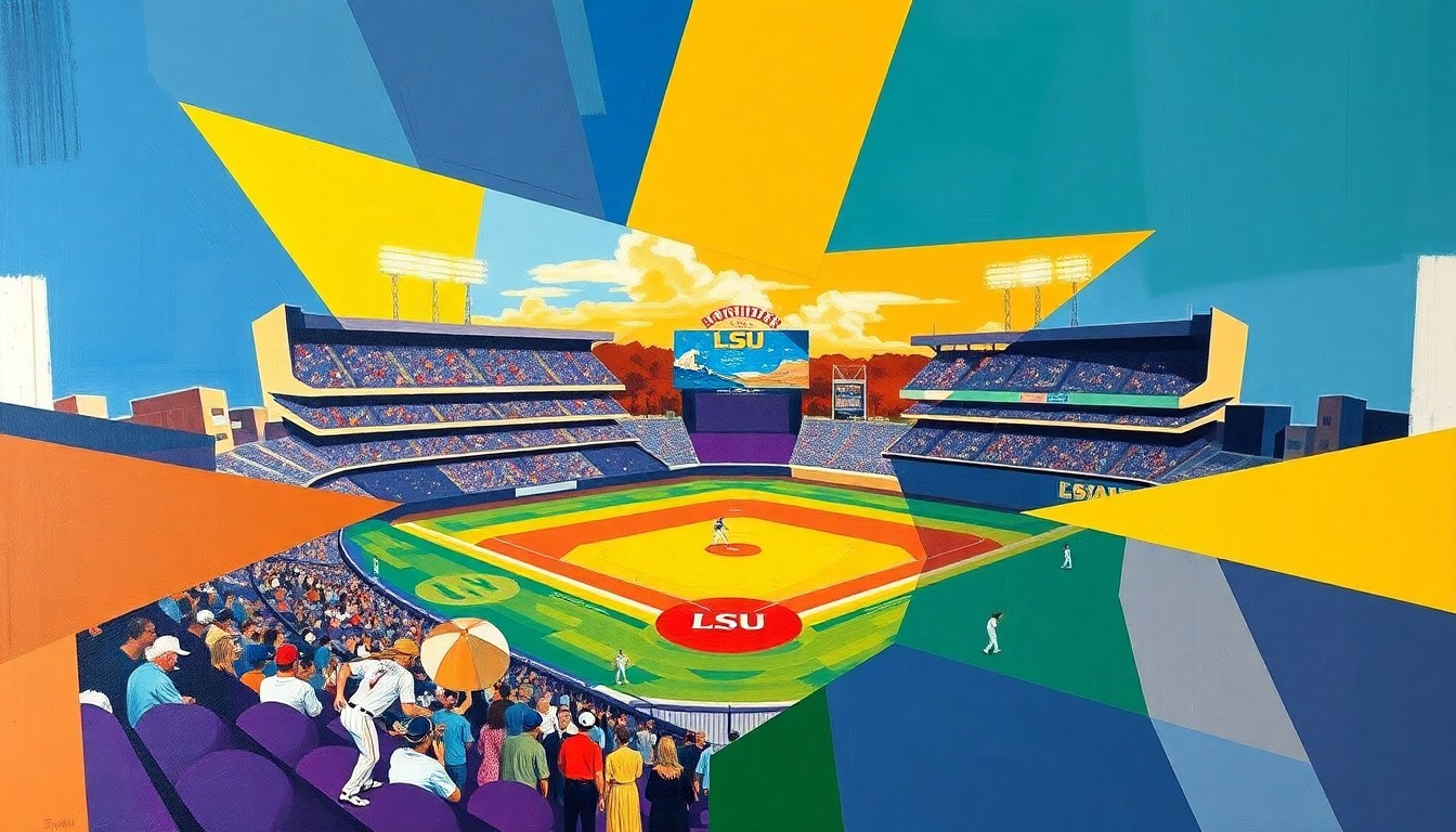 A fragmented, multi-angled painting depicting a college baseball game, with the players and field broken down into sharp, overlapping planes of color representing the official team colors of LSU and Southern University.