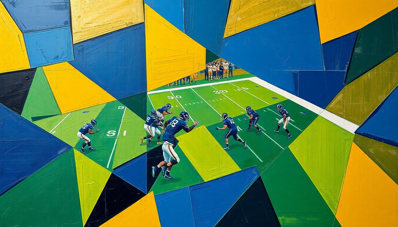 A cubist-style painting featuring fragmented geometric shapes in navy, green, and gold, conceptually representing the strategic decisions facing the New Orleans Saints organization.