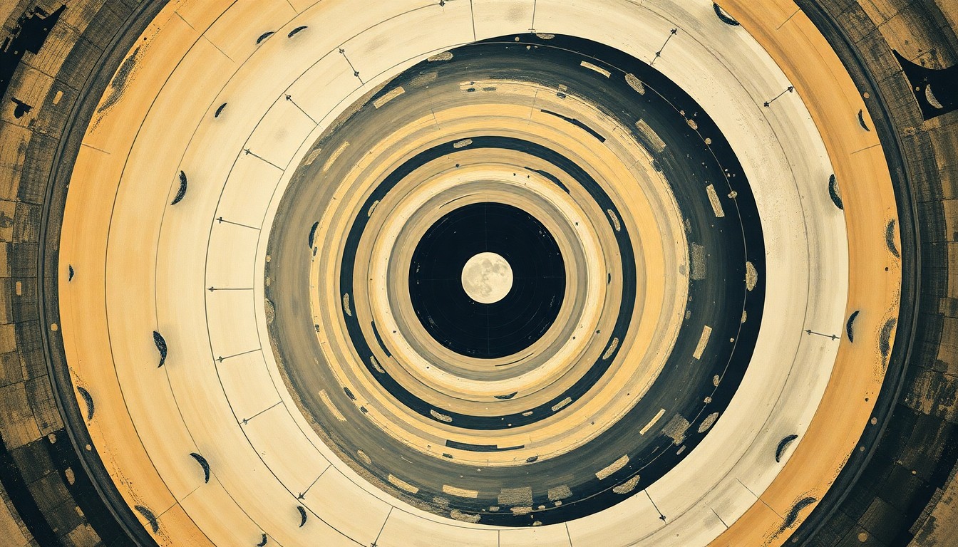 A bold, abstract painting in soft earth tones featuring sweeping geometric arcs, concentric circles, and precise spirals, conceptually representing the complex systems and forces involved in the Artemis I mission to the moon.