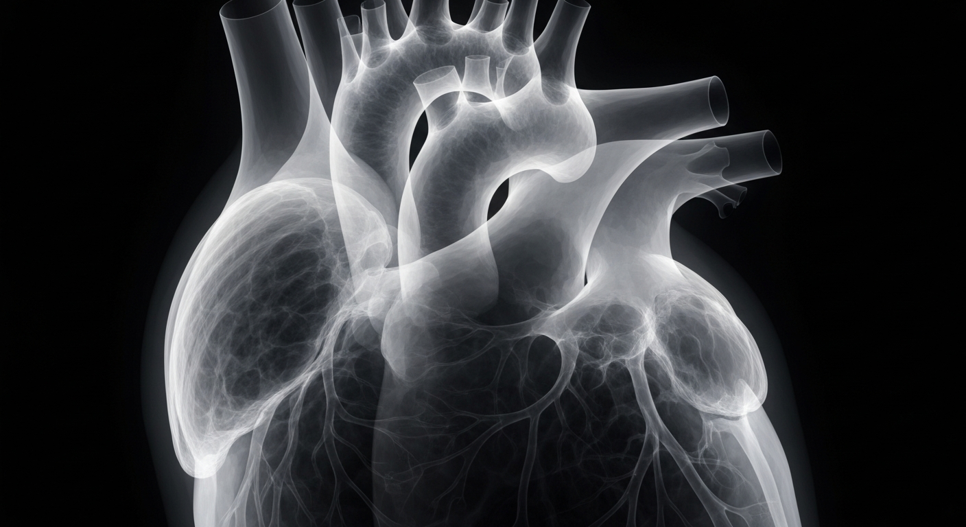 A detailed, translucent X-ray image showing the complex internal structure of a human heart, with glowing lines and shapes representing the organ's intricate anatomy.