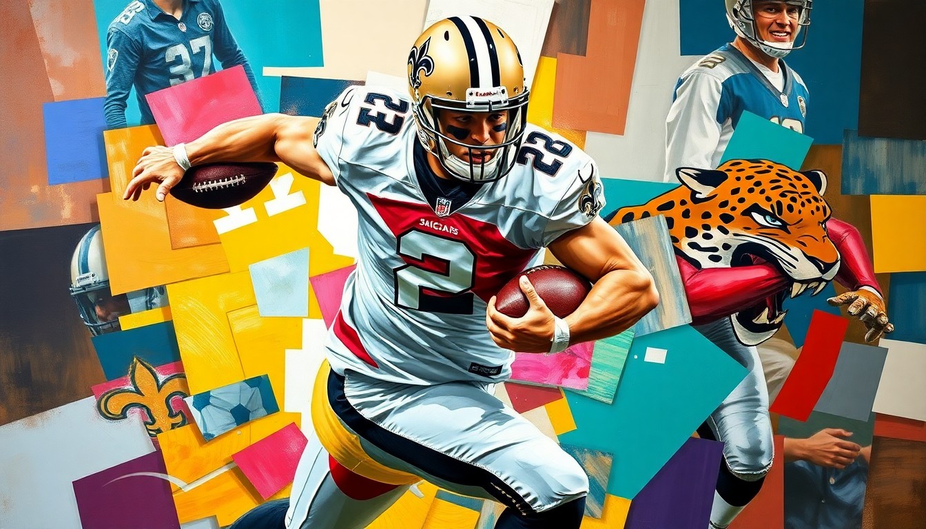 A fragmented, geometric painting depicting a football player in motion, with sharp planes of color representing the Saints and Jaguars uniforms, capturing the energy and movement of the sport.