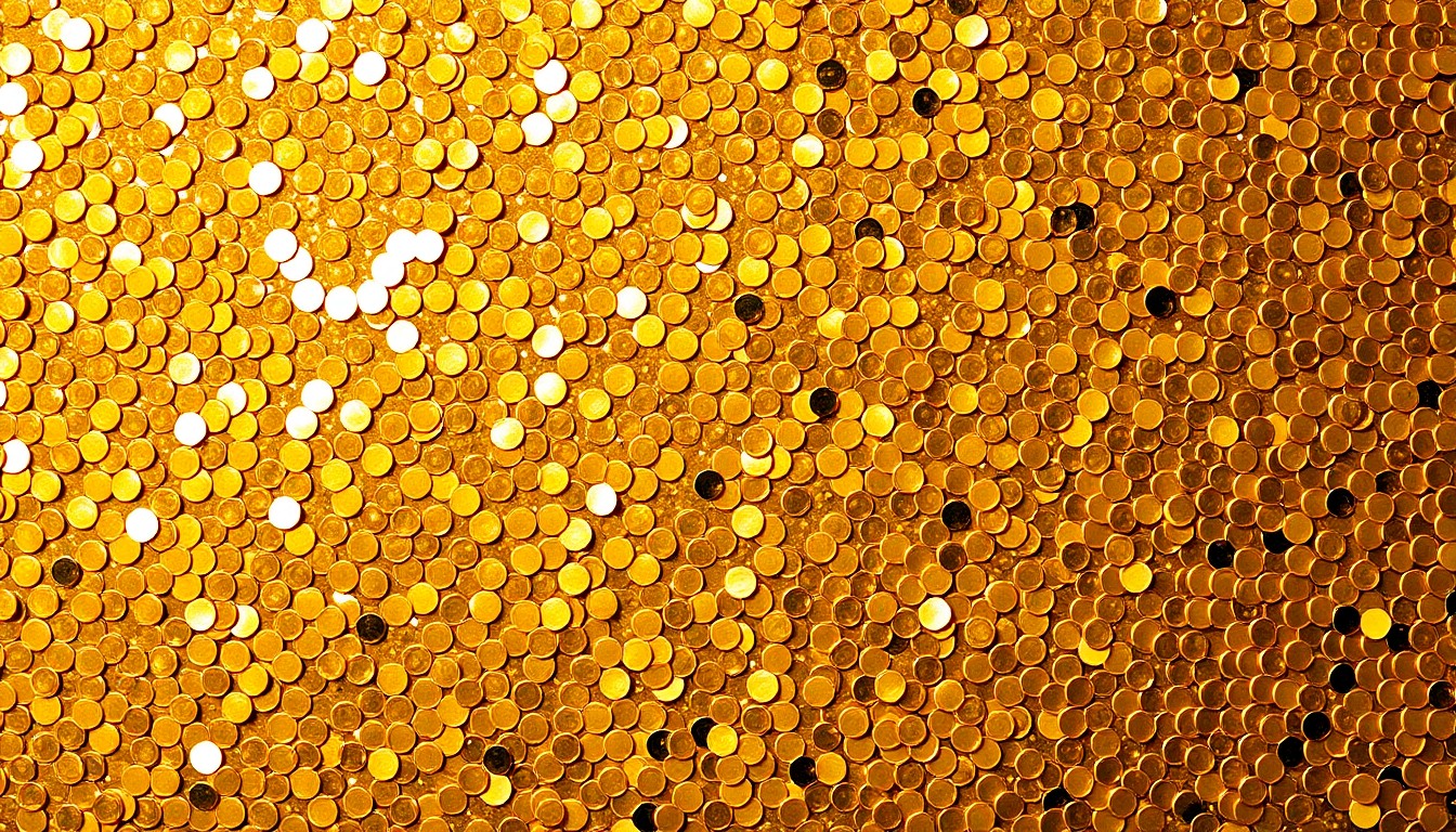 An extreme close-up photograph of a shimmering, textured gold sequin surface, capturing the high-end glamour and prestige associated with the James Beard culinary awards.