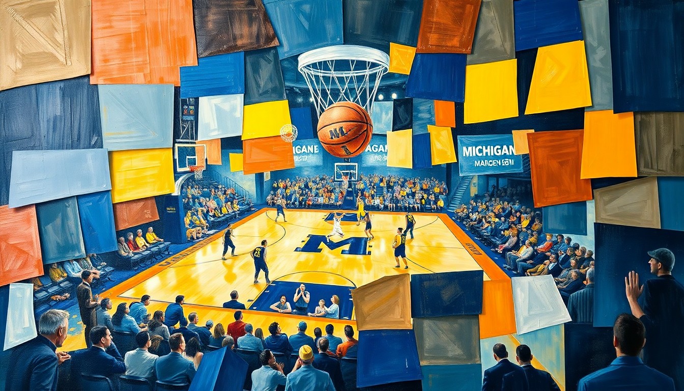 A cubist, geometric painting depicting a fragmented basketball game, with sharp planes of maize and blue colors representing the energy and intensity of the Michigan Wolverines' tournament victory.