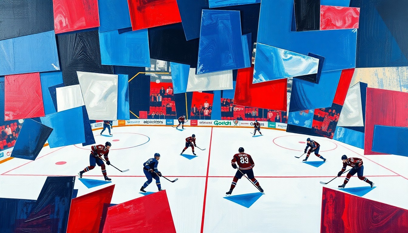 A fragmented, geometric painting in blues, reds, and silvers, depicting the motion and energy of a hockey game through overlapping, angular shapes and planes.