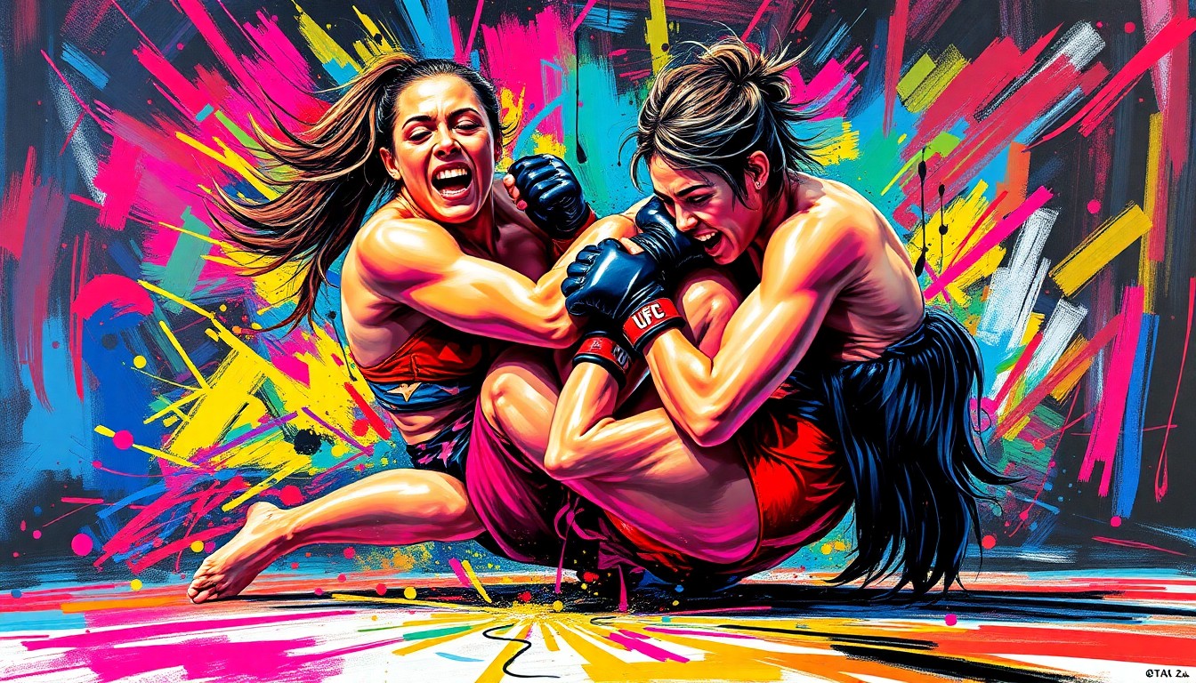An abstract, energetic painting depicting two female MMA fighters in a grappling submission hold, with vibrant neon colors and expressive brushstrokes capturing the raw intensity of the moment.
