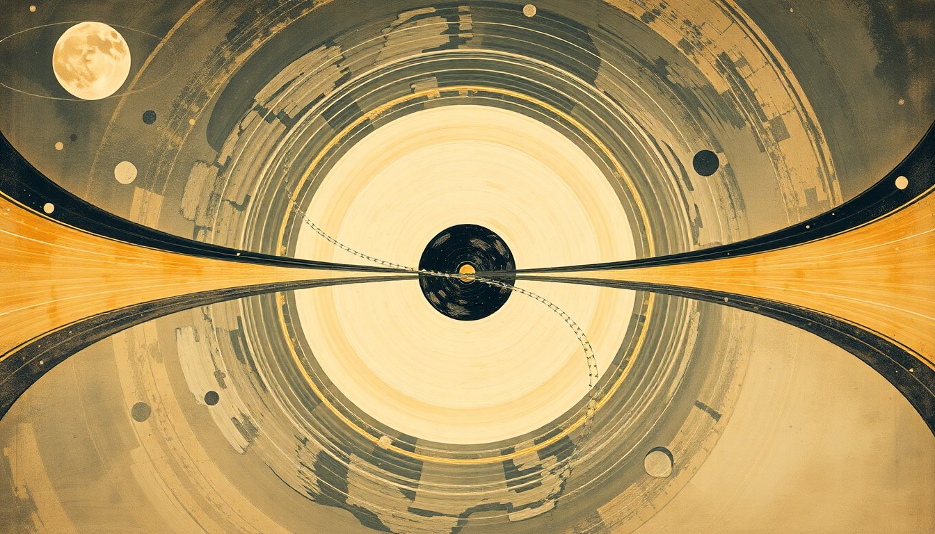 A highly textured, geometric abstract painting in earthy tones, depicting the intricate systems and forces involved in the Artemis II mission to the Moon through sweeping arcs, concentric circles, and precise spirals, conveying the structural order and technical complexity of the deep space voyage.