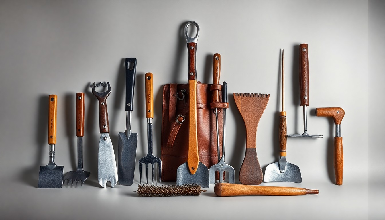 A high-end, photorealistic studio still-life photograph featuring a collection of polished hardware tools and gardening implements arranged elegantly on a clean, monochromatic background, conceptually representing the quality and craftsmanship of Tractor Supply Co.'s product offerings.