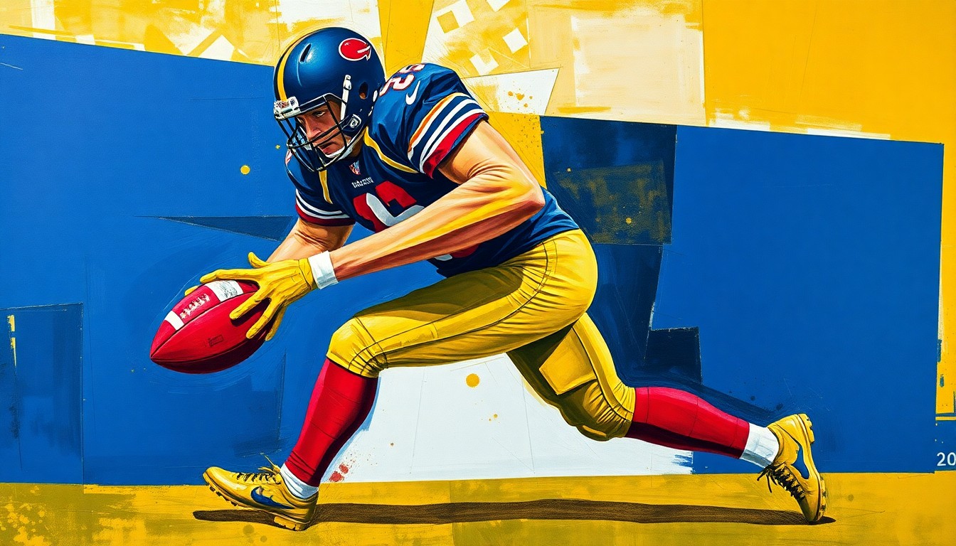 A fractured, geometric painting depicting a football player making a tackle, with sharp planes of navy blue, gold, and crimson overlapping to create a dynamic, multi-perspective scene.