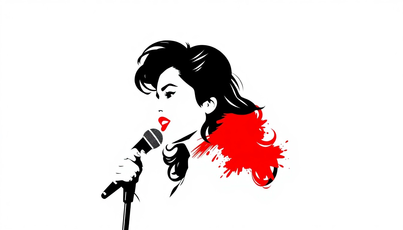 A dramatic black and white silhouette of Selena Quintanilla's signature hairstyle and microphone, with a bold splash of red, capturing the iconic singer's powerful presence and lasting impact on Latin music and culture.