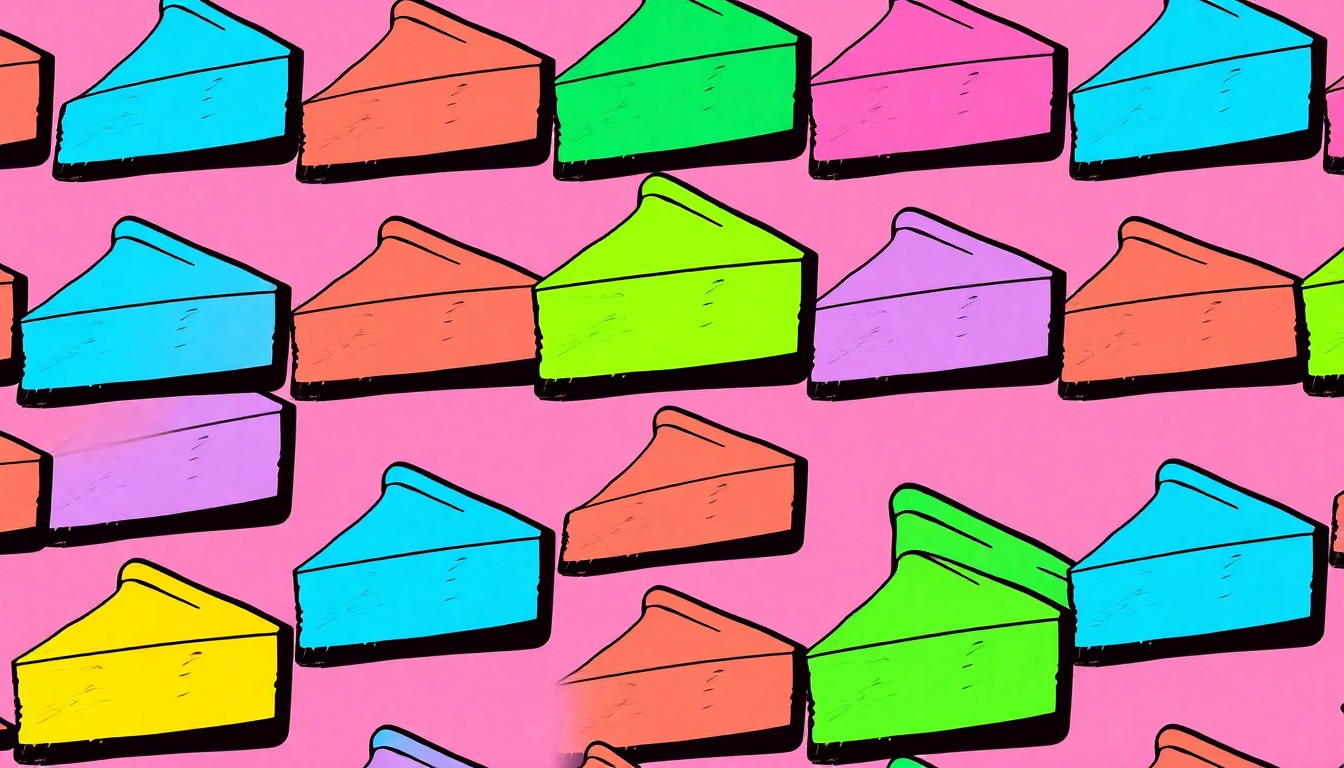 A bold, colorful silkscreen-style illustration featuring multiple repeating images of a single slice of cheesecake in a grid pattern, using a vibrant neon color palette and heavy black outlines to transform the everyday dessert into a modern pop art piece.